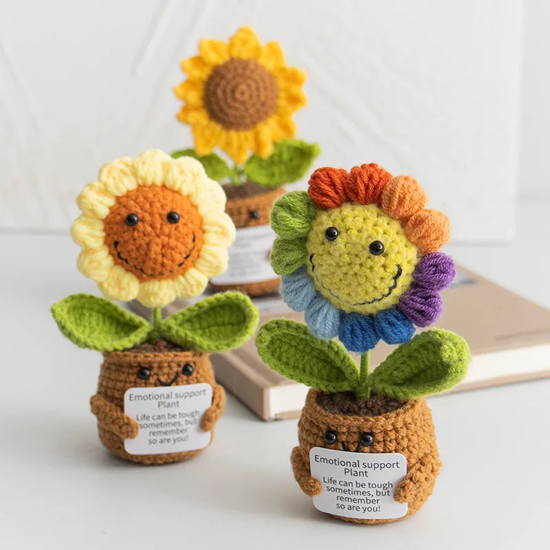 Cute Crochet Flowers Potted Hand-woven Sunflower Desk Accessories Positive Emotional Crochet Flower Potted Home TableDecor Gift