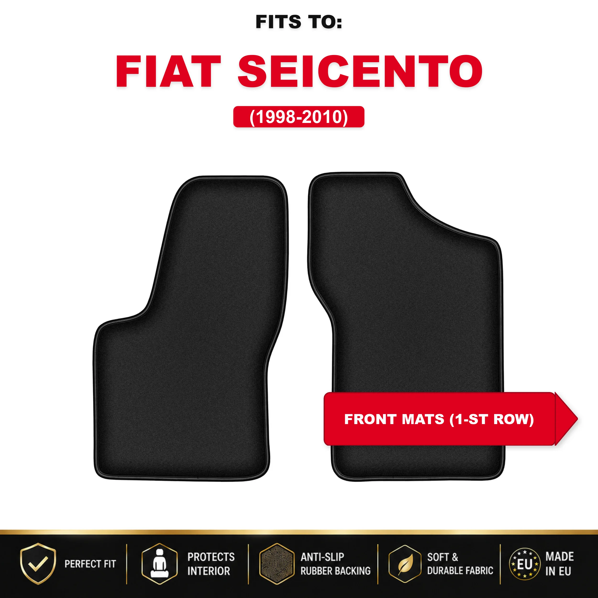 Voorste velours vloermatten, zwart, 2 stuks. Voor: Fiat Seicento 1998-2010 set autovloermatten voor de voorkant van het voertuig