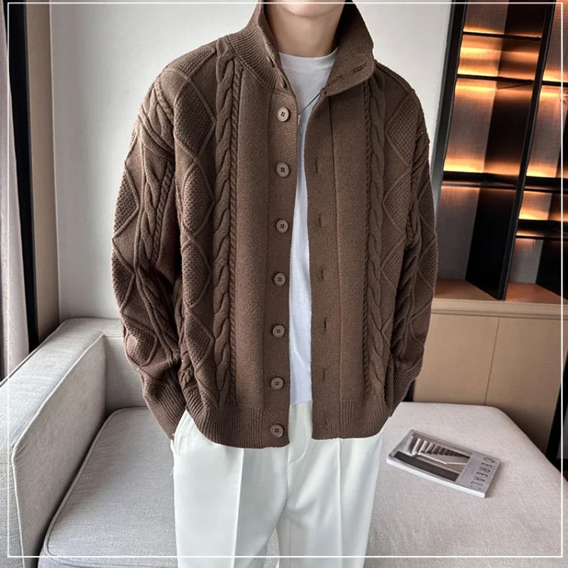 Korean Fashion Single Breasted Knitted Cardigan Men New Autumn and Winter Men's Thick Needle Button Casual Loose Jumper Sweaters