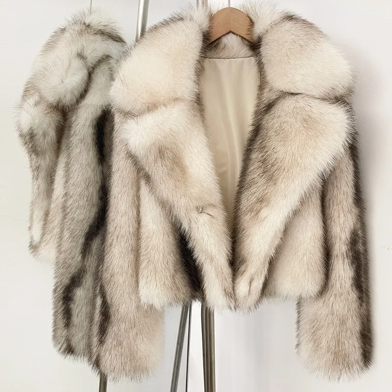2026 Fashion Autumn Winter Stripe Faux Fur Coat Women's Fox Fur Short Jacket Wide Lapel Thicken Outerwear Streetwear Fur Coats