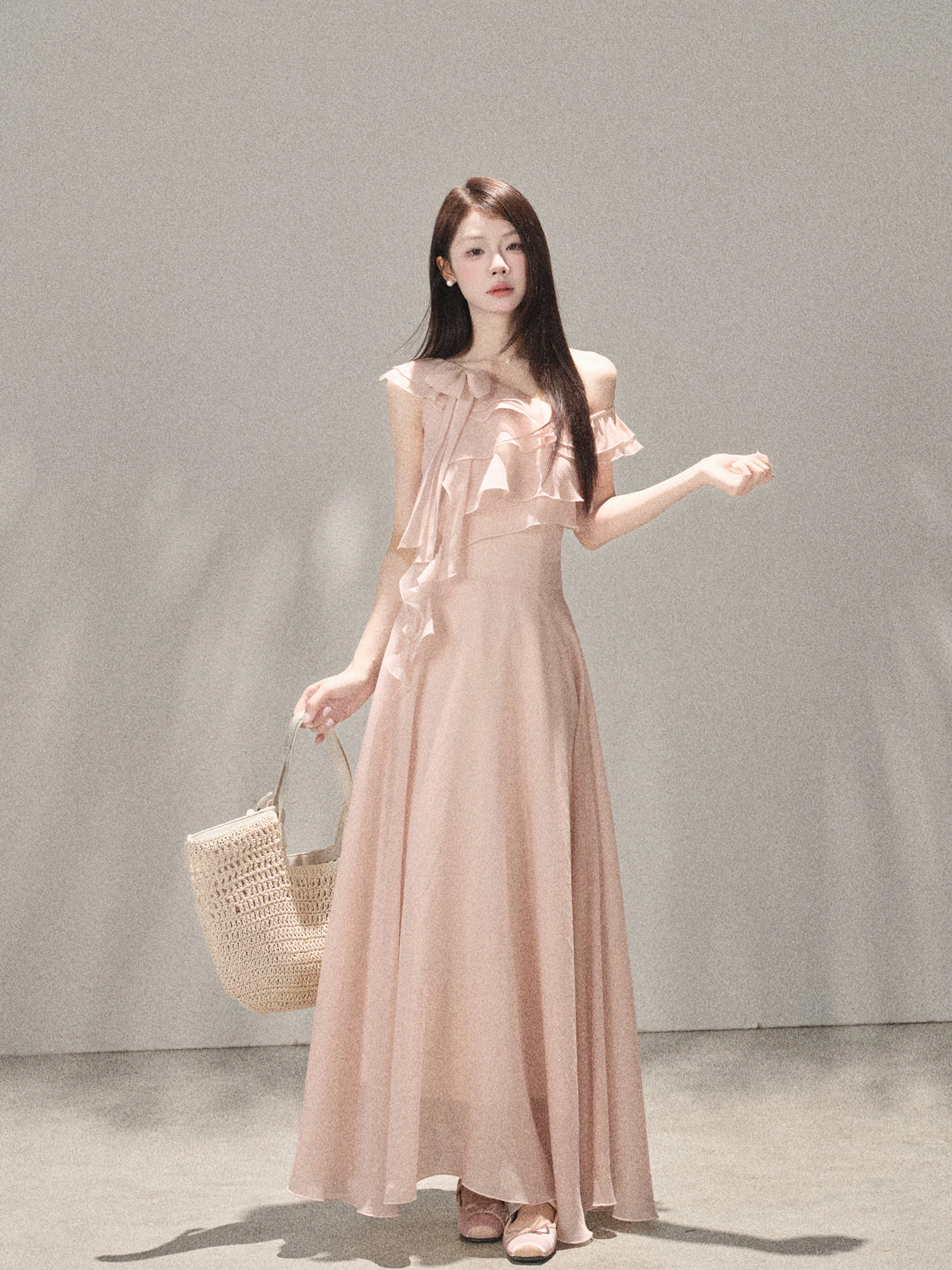 Pink Slant-Shoulder Gown Women's Fashionable Waist-Cinching Long Dress Korean Style A-Line Skirt Commute Suitable Light Weight