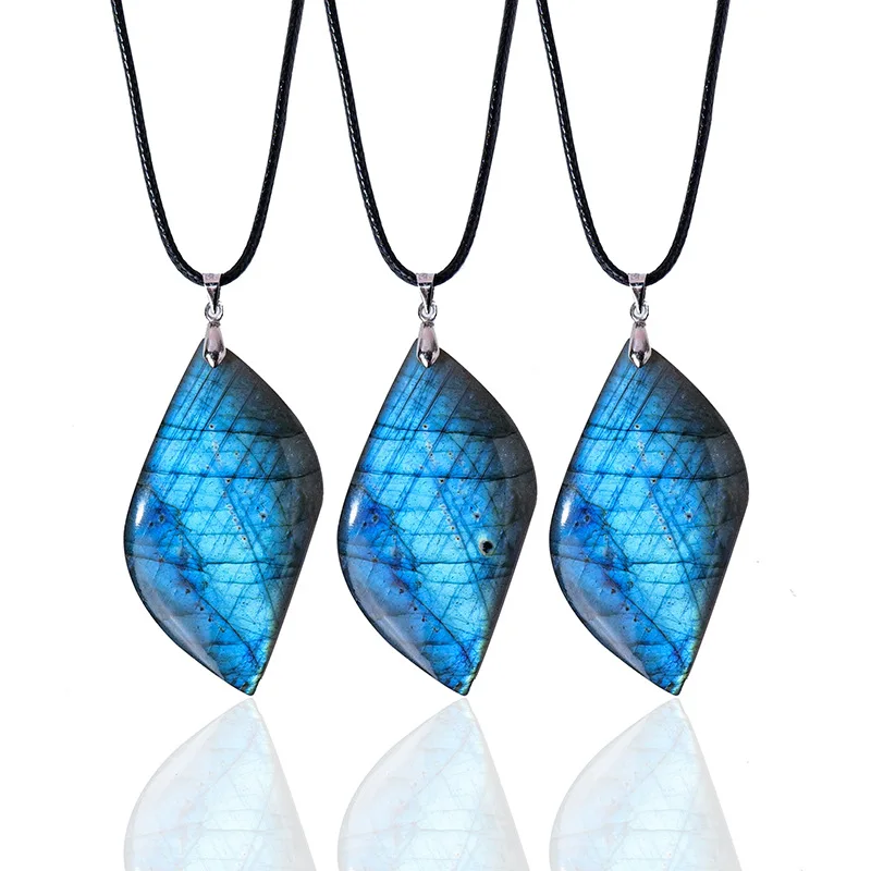 Natural Elongated Stone, Moonlight, Stone Leaves, Blue Moonlight, Original Stone, Shaped Bare Stone Pendant, Crystal Necklace