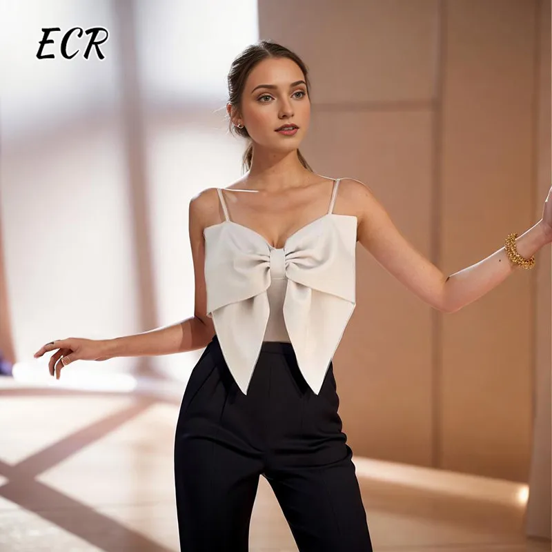 ECR Sweet Patchwork Bowknot Camisole Tank Tops For Women Square Collar Sleeveless Off Shoulder Sexy Solid Vests Female Clothing