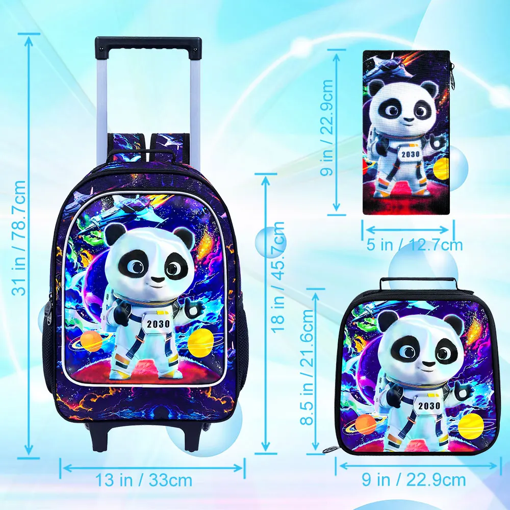 Sac à dos panda roulant pour garçons, sac à livres d'école à roulettes pour enfants avec sac à déjeuner, sac d'école à roulettes pour enfants