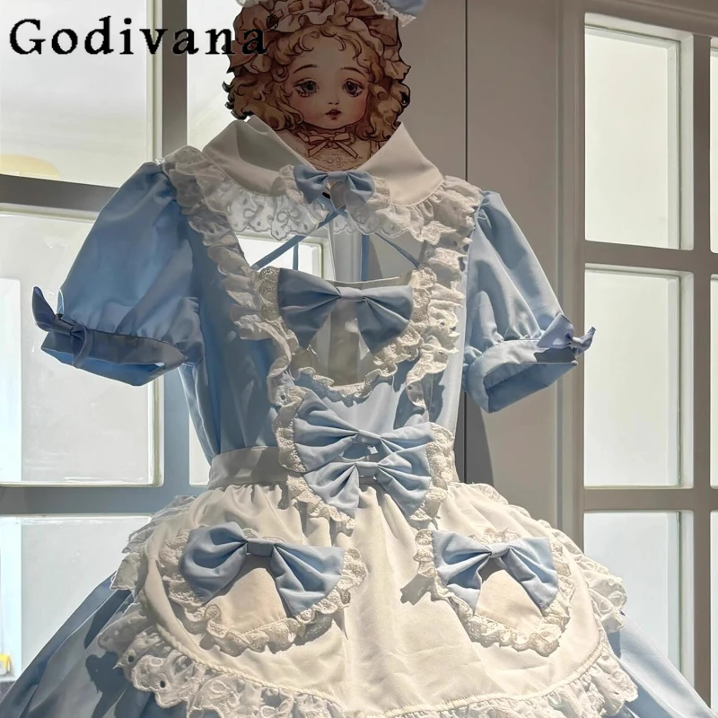 파란색과 흰색 일본 메이드 복장 소녀 로리타 2D 게임 애니메이션 코스프레 드레스 여성 로리타 푹신한 공주 드레스