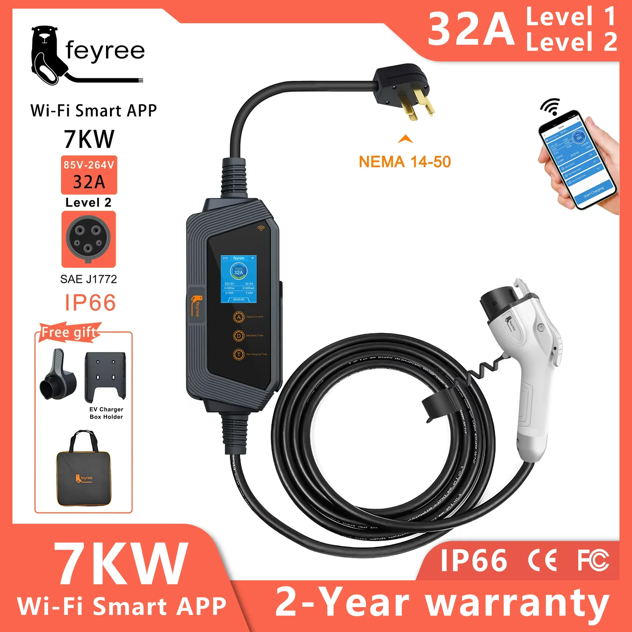 feyree Type1 7KW 32A 1Phase Portable EV Charger J1772 Socket with 5m Cable Smart APP WIFI Control Version for Electric Vehicle