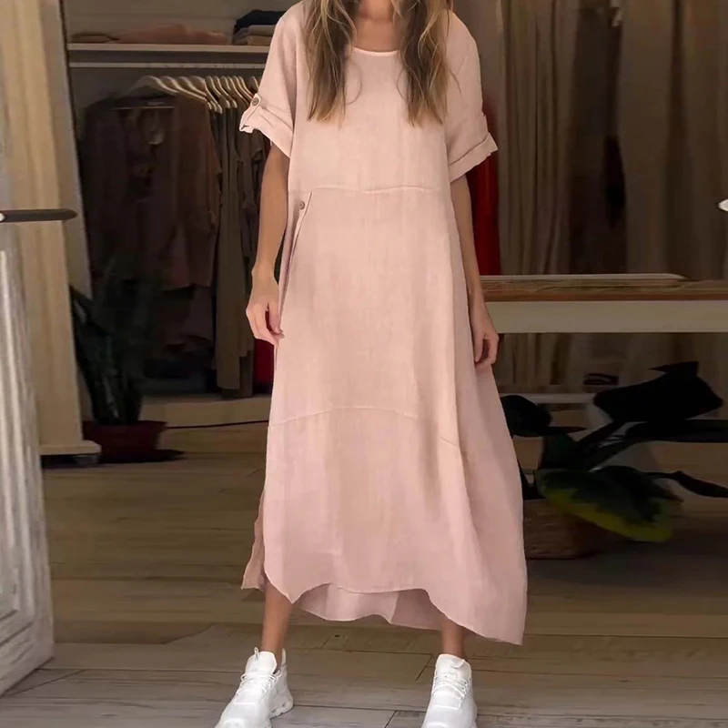 

Office Elegant Button Solid Color Dress Summer Loose Cotton Linen Dress Casual O-neck Short Sleeved Women's Long Dress Vestidos