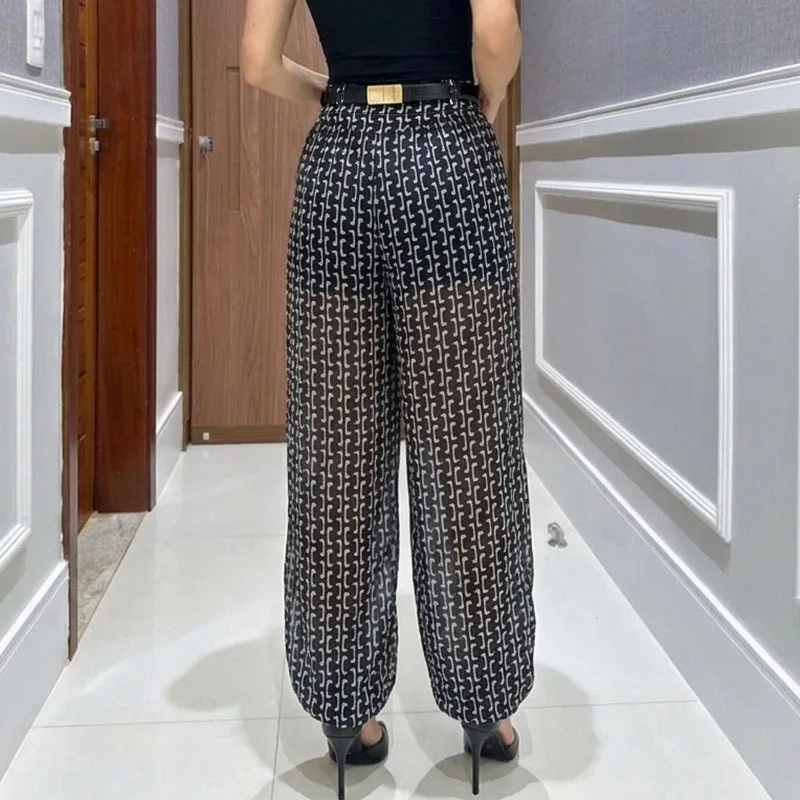 Summer Streetwear See Through Pant Mujer Vintage Geometric Print Wide Leg Pants for Women Casual High Waist Slim Office Trousers