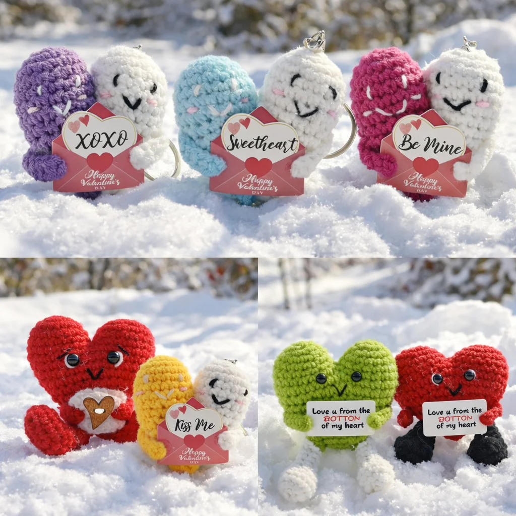 Pendant Series Positive Energy Crochet Heart Pendant & Ornaments Handmade Knitted Doll with Encouragement Card Mini Desk Decor G
