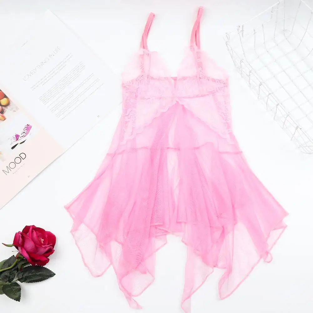 Gaun Malam Diskon Besar Seksi untuk Wanita Pakaian Tidur Babydoll Transparan dengan Pakaian Dalam G-string Pakaian Tidur Renda Set Lingerie Wanita