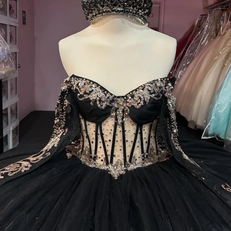 

Shiny black Quinceanera Dress off-shoulder Lace crystal glitter decal Long tail vestidos de 15 Quinceanera ﻿Customize