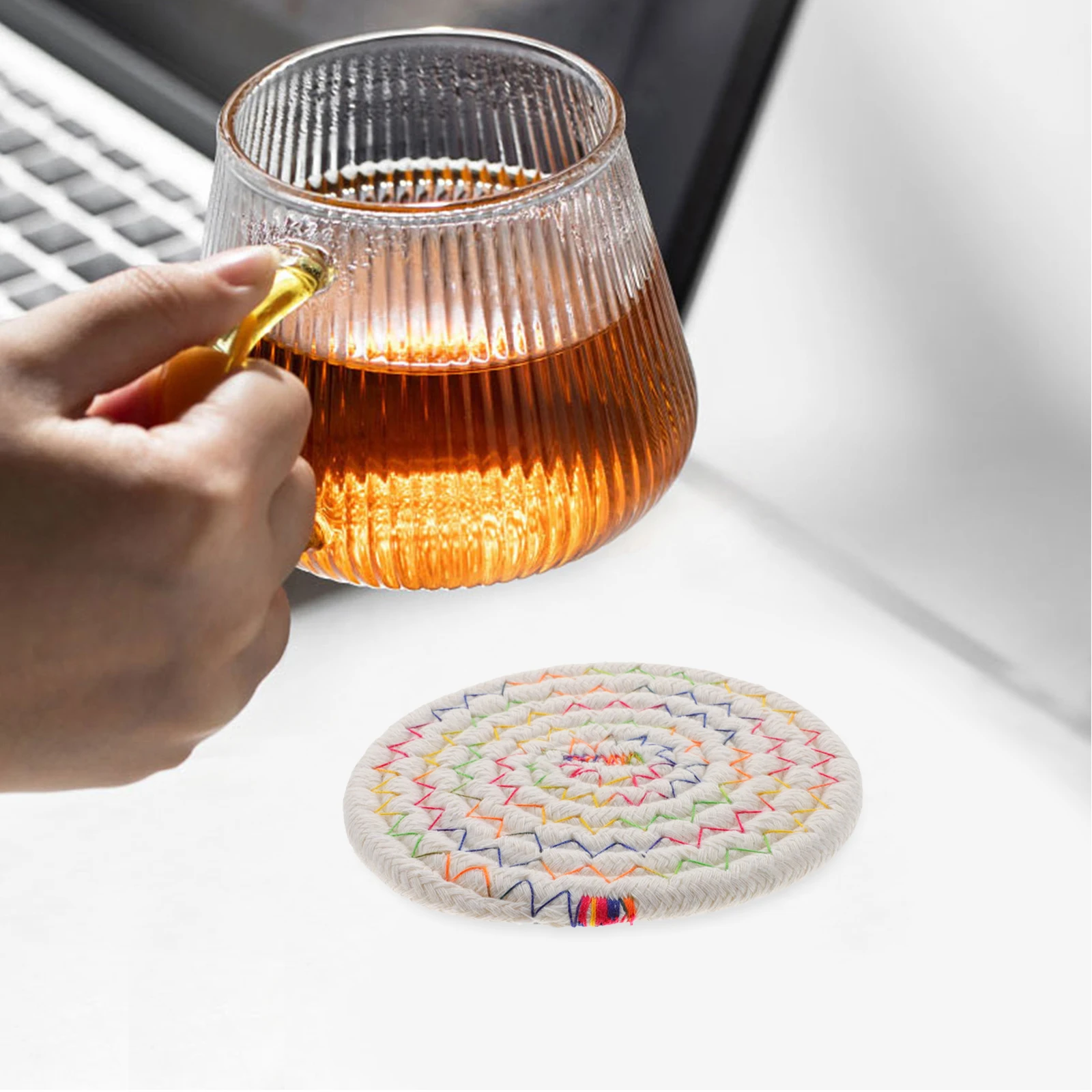 

6Pcs Round Woven Coasters Heat Resistant Cotton Rope Rustic Coasters for Coffee Table Cups Dining Table Household Coaster Set