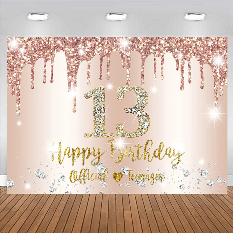 

13 Birthday Backdrop Rose Gold Jewish Girls Official Teenager 13th Party Decorations Thirteen Years Old Background Bar Mitzvah