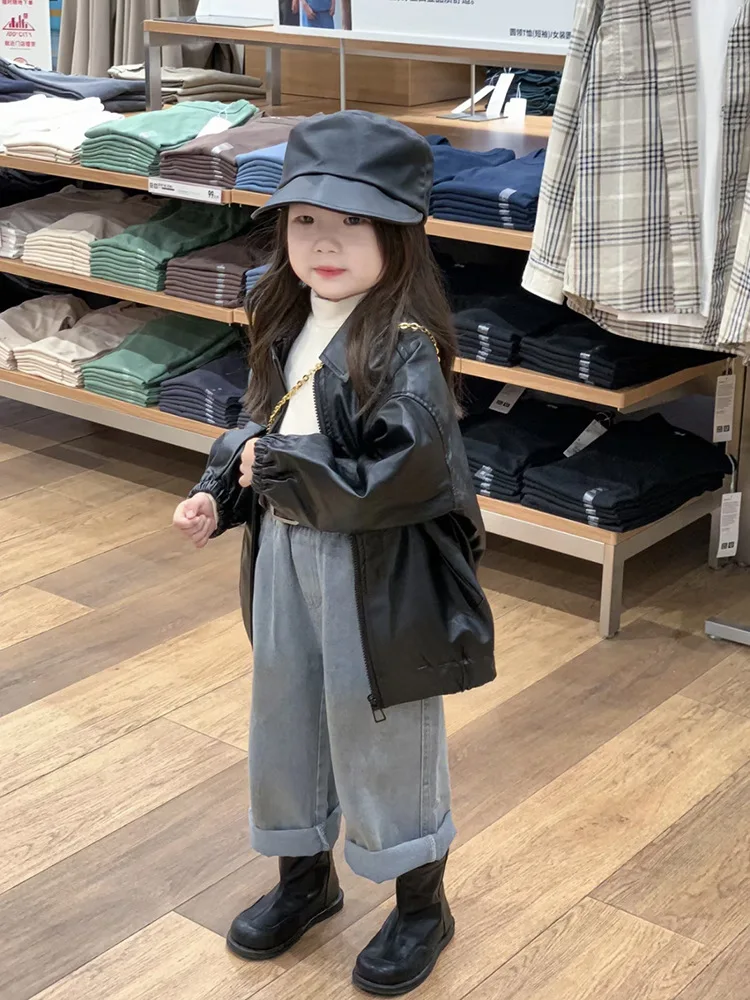 Children\'s Solid Black Leather Coat 2024 New Spring Autumn Windproof Elastic Cuffs Fashion Lapel Korean Style Zipper Outwear