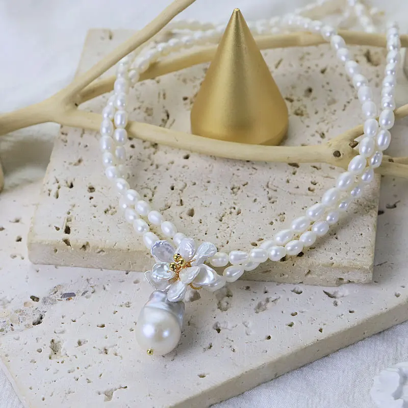 

Retro Natural Baroque Pearl Necklace for Women Luxury Fashion Two Layer Pearl Beaded Flower Pendant Choker Collar Chain Jewelry
