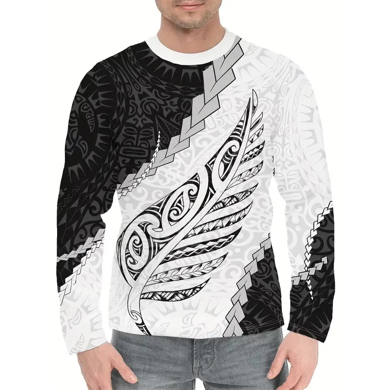 3D Long Sleeve 2026 New Men T Shirt HD Maori Silver Fern White Print Autumn Casual Round Neck Streetwear Tops Fashion 2025