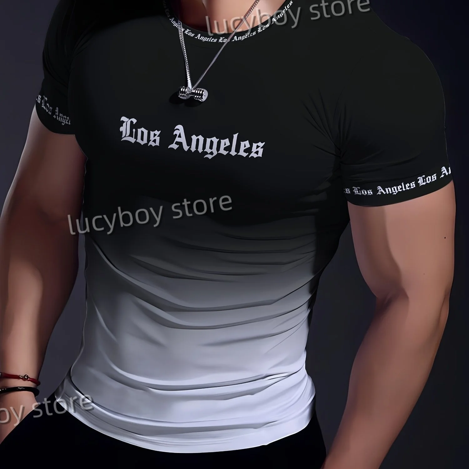 Mężczyźni Gradient Color Los Angeles Muscle Training Koszulki z krótkim rękawem Szybkoschnąca odzież sportowa do biegania Mężczyźni Oversized Tops Odzież męska