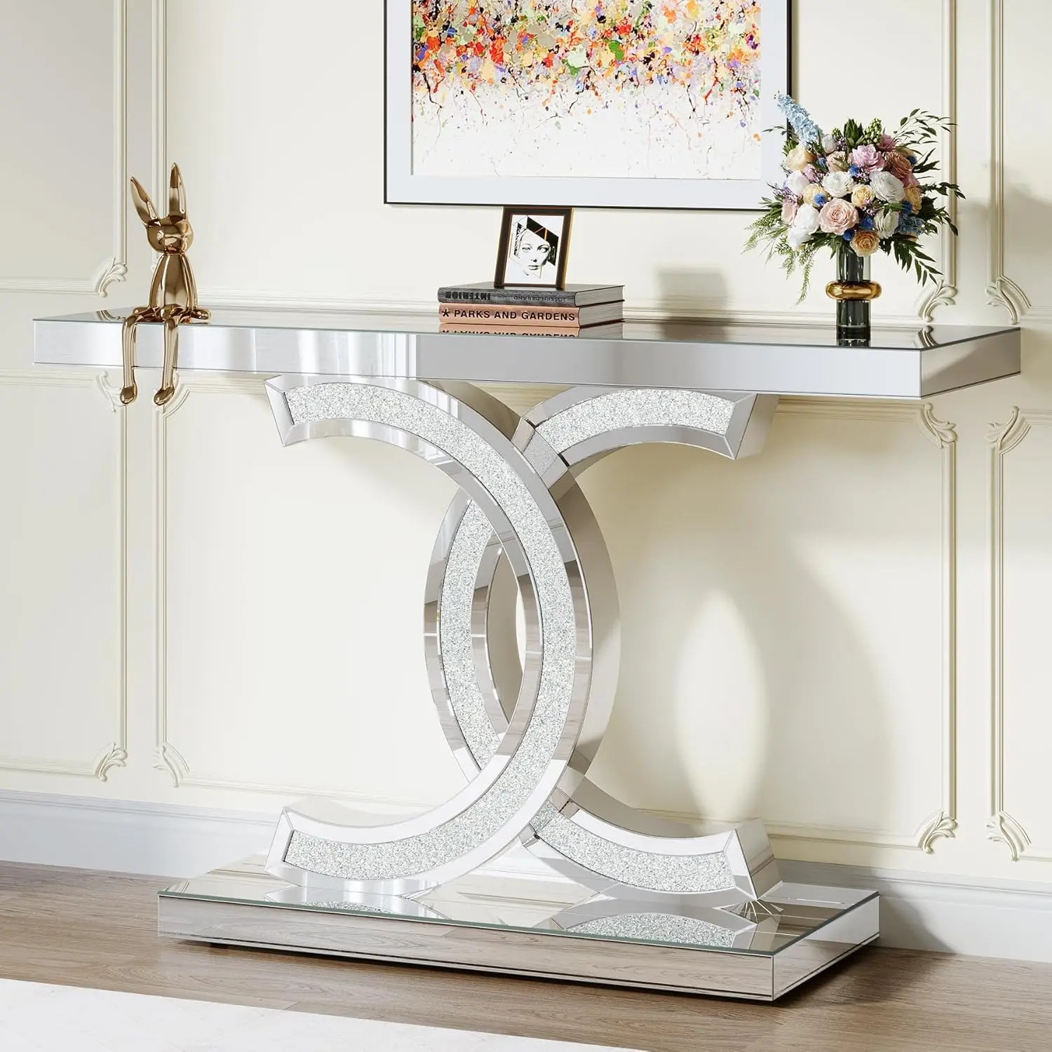 Mesa consola con espejo, mesa de entrada plateada moderna con incrustaciones de cristal brillante, mesa de sofá de vidrio de 39 pulgadas, mesa de pasillo con
