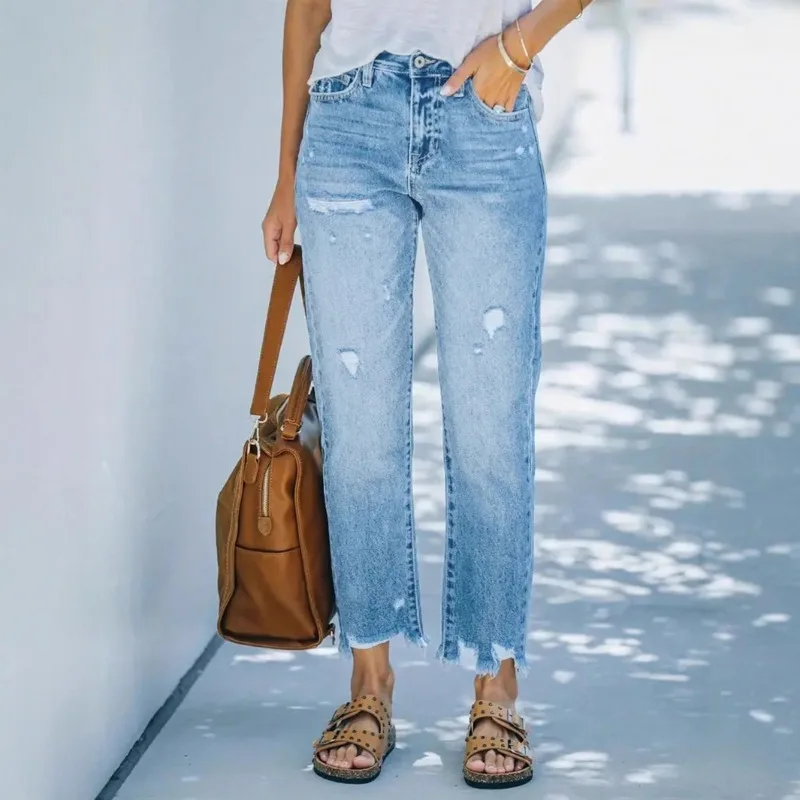Celana Jeans Kasual Wanita Model Sobek Distressed 2025, Celana Panjang Straight Leg dengan Ujung Raw Edge dan Frayed Hem yang Modis