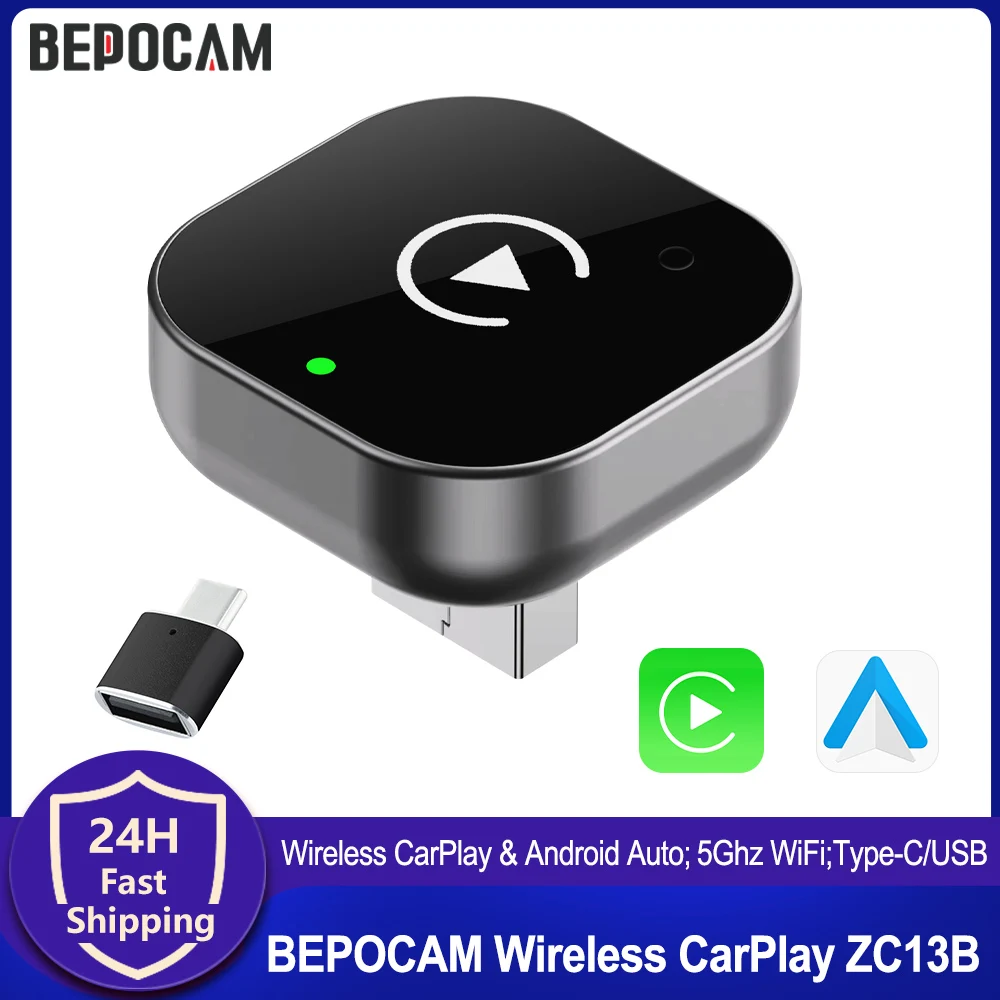 BEPOCAM 2in1 Wireless CarPlay Smart Mini Box Android Auto for OEM Car Stereo 5Ghz WiFi Type-C/USB Plug and Play CarPlay