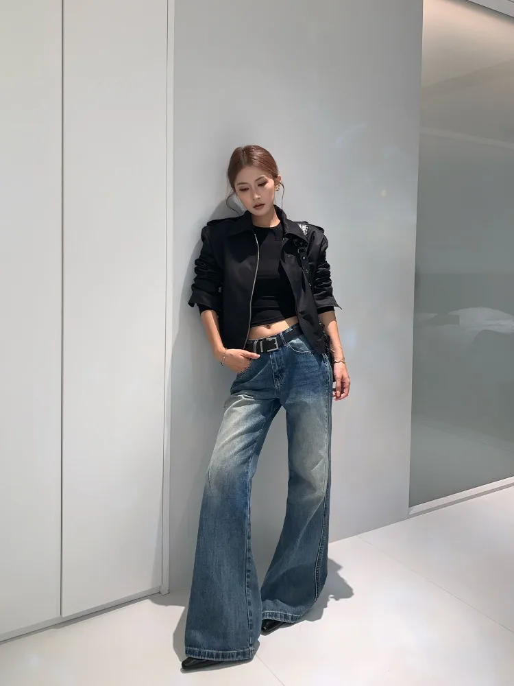 【FANGTING】 Retro Washed Micro Flare Pants Women Unique Design Loose Wide Leg Bell Bottom Denim Trousers