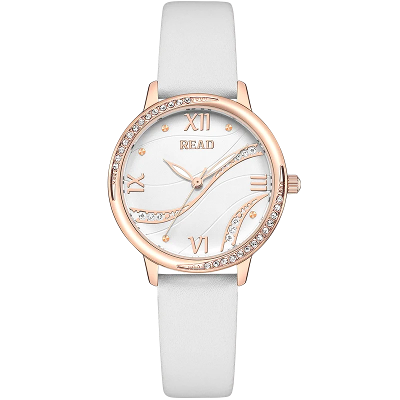 Ladies Analog Wrist Watch | Sparkle Bezel | Wave Pattern Dial | White Textured Band | Daily Water Resistant Fashion Dress Watch