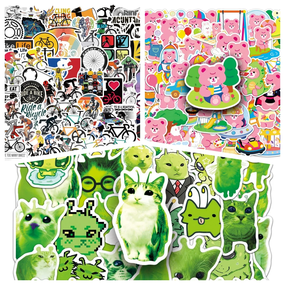 50/160PCS Mixing Abstract Funny Alien Cat Stickers - Green Cat & Pink Cartoon Bear & Bicycle Creation Waterproof Decor Stickers