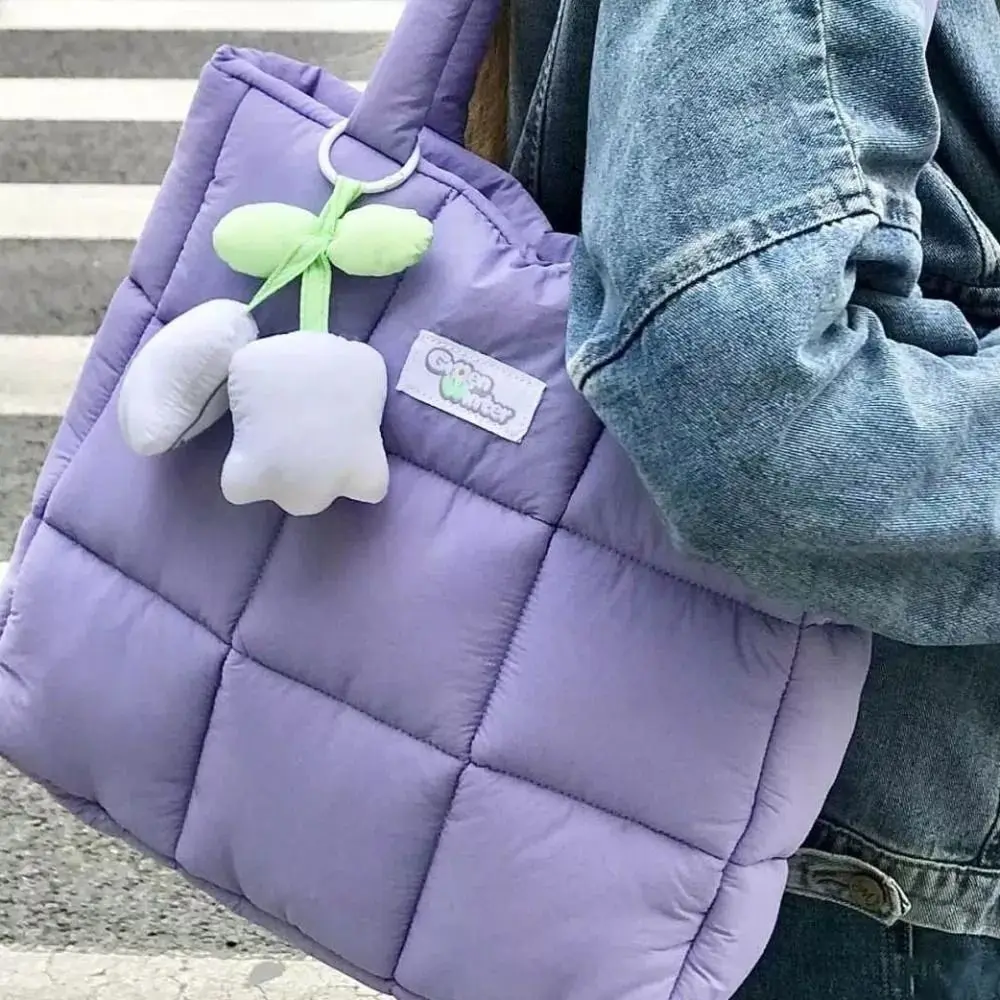 New Cotton Down Shoulder Bag Solid Color Large Capacity Tote Bag Fluffy Soft Travel Handbag