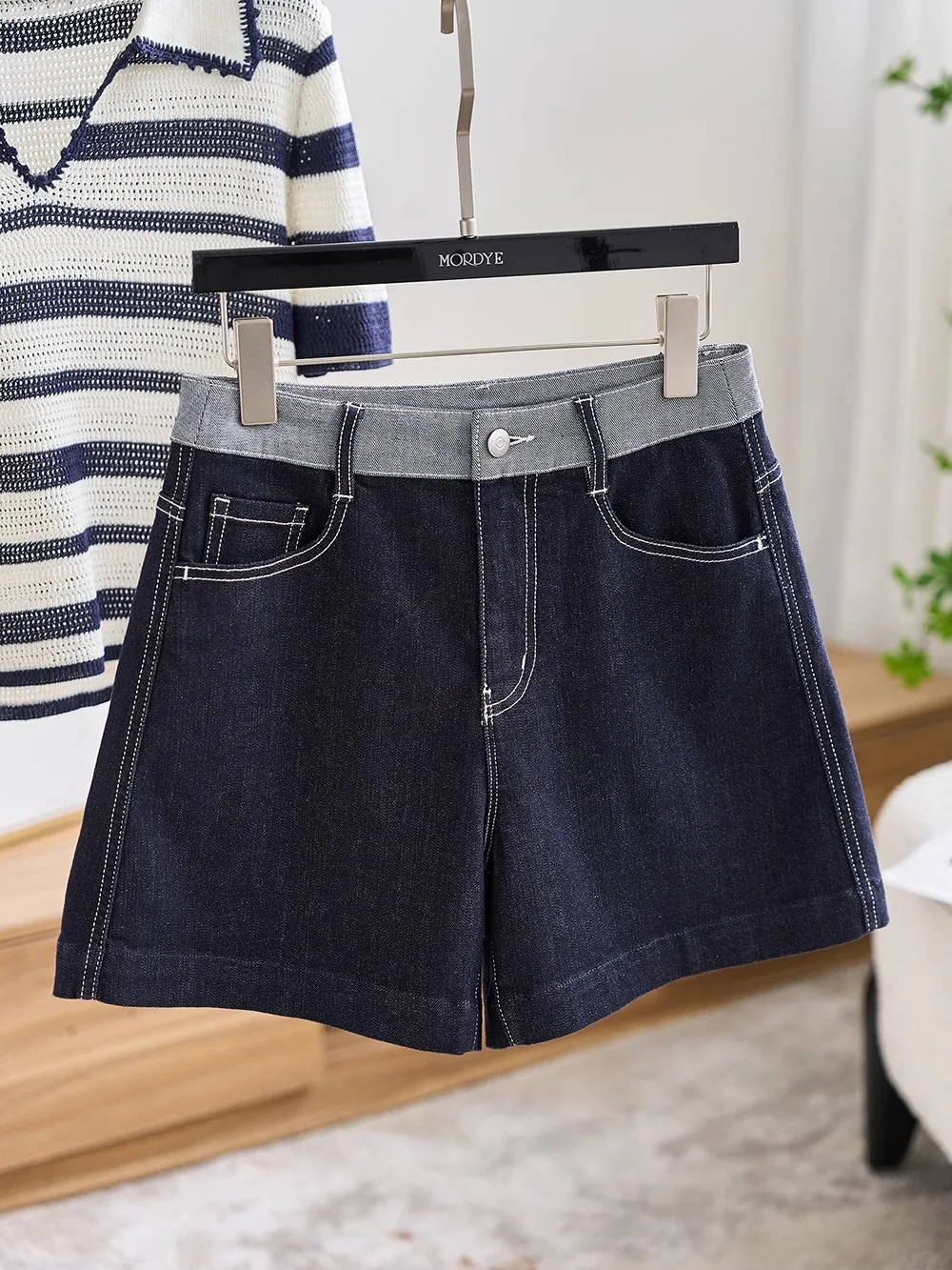 

High Waist Wide Leg Short Jeans Women's Summer Fashion Color Block A-Line Cotton Silk Lenzing Denim Casual Zipper Fly