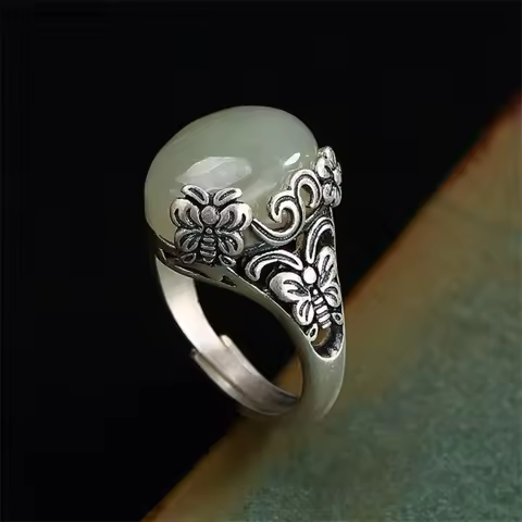 Vintage Jade Egg-shaped Ring For Lady Index Finger Accessories Ethnic Style Butterfly Flower Ring Silver 925 Women Jewelry