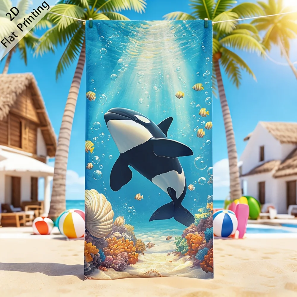 Orca Whale Beach Towel Underwater Coral Reef Fish Bubbles Sunlight Marine Life Essential