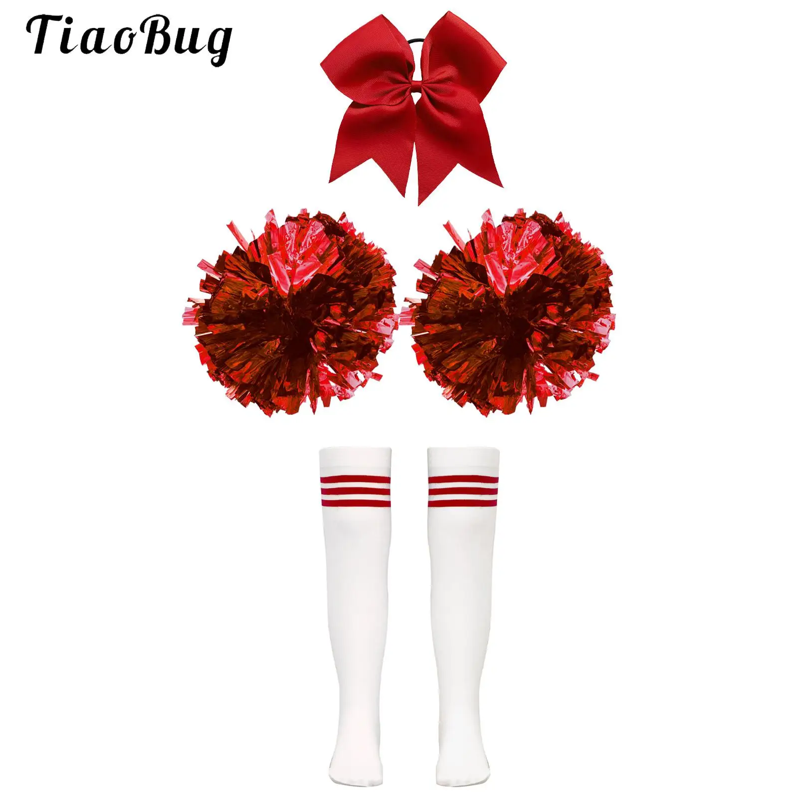 

Kids Girls Cheerleading Set Bowknot Headwear with Striped Knee High Stockings 2Pcs Flower Balls School Sports Dance Performance