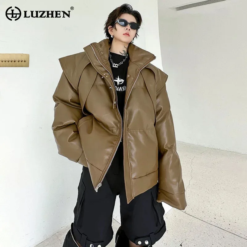 LUZHEN Leather Color Neck Solid Men Cotton Coat Standing Loose Oversize Padded Jacket Casual 2024 Personality Male Winter LZ5755