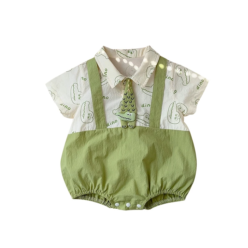 MILANCEL 2024 Summer Infant Girls Boys Bodysuit Short Sleeve Shirt Collar False 2-piece Dinosaur One Piece Baby Outdoor Clothes