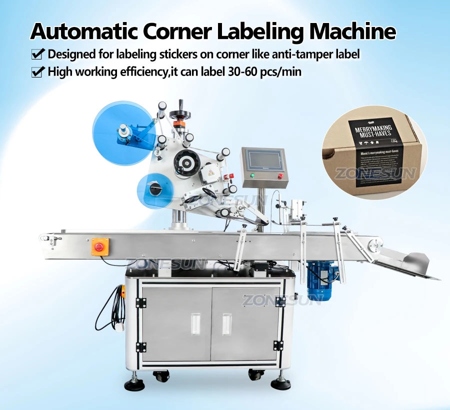 ZS-TB833 Horizontal Folding Carton Box Anti Tamper Adhesive Sticker Packing Automatic Sealing Corner Labeling Machine