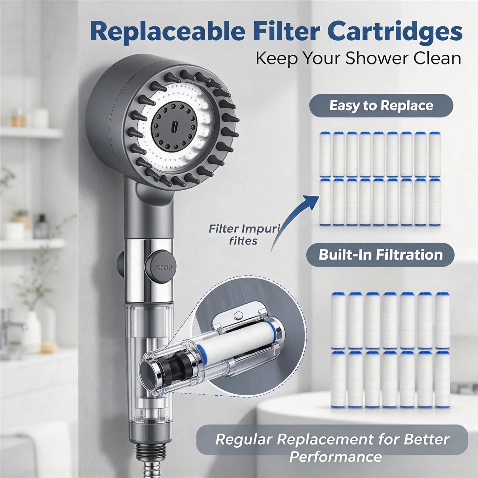 HTMCK Gray Medium Shower Head with Built-in Filter, 3 Spray Modes One-Key Stop 62-inch Braided Hose, Drill-Free Bracket image 5
