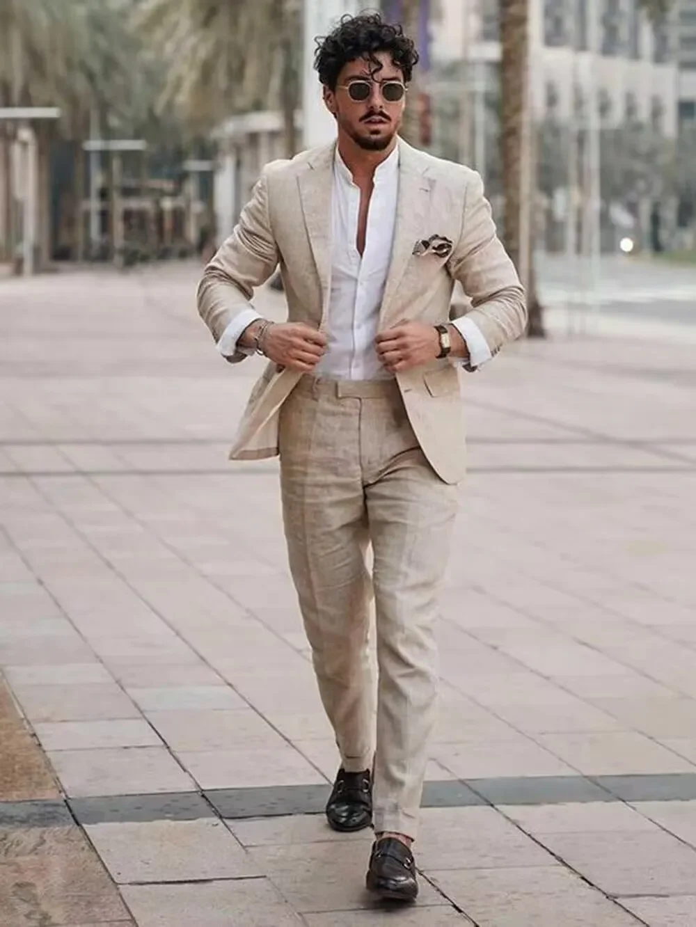 2 Piece Casual Beige Linen Men Suits Single Breasted Slim Fit Notch Lapel Blazer with Pants High Quality Wedding Costume Homme f