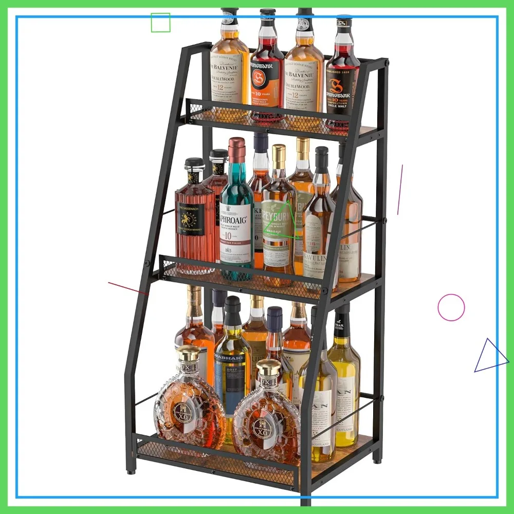 

3-Tier Trapezoid Wine Rack, Stepped Floor Stand for Liquor Whiskey Display with Fences, Vintage Brown