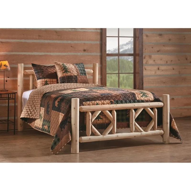 Rustic Cedar Log Bed Frame Full Size with Headboard, Natural Wood Bedroom Furniture