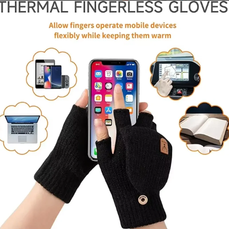 1/2/3Pairs Knitted Flap Gloves Winter Warm Thickened Running Biking Mittens Touchscreen Biking Driving Outdoor Fingerless Gloves
