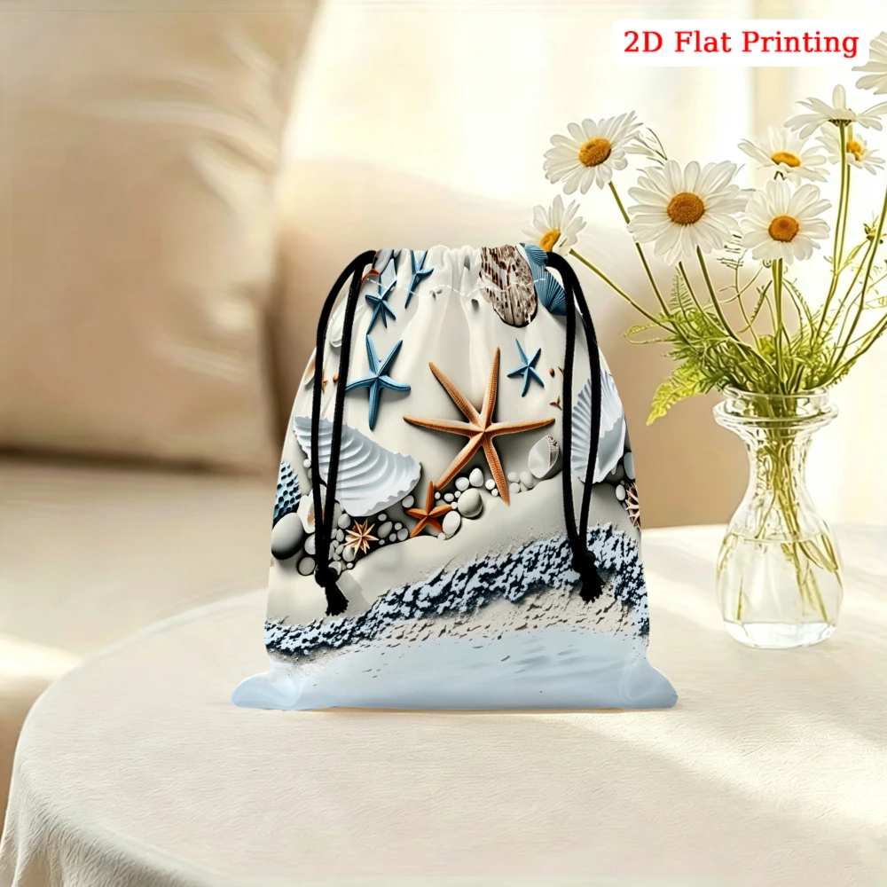 1Pc Marine Style Drawstring Bag Blue White Starfish Seashell Print Storage Small Pouch Travel Jewelry Cosmetics Organizer For Wo