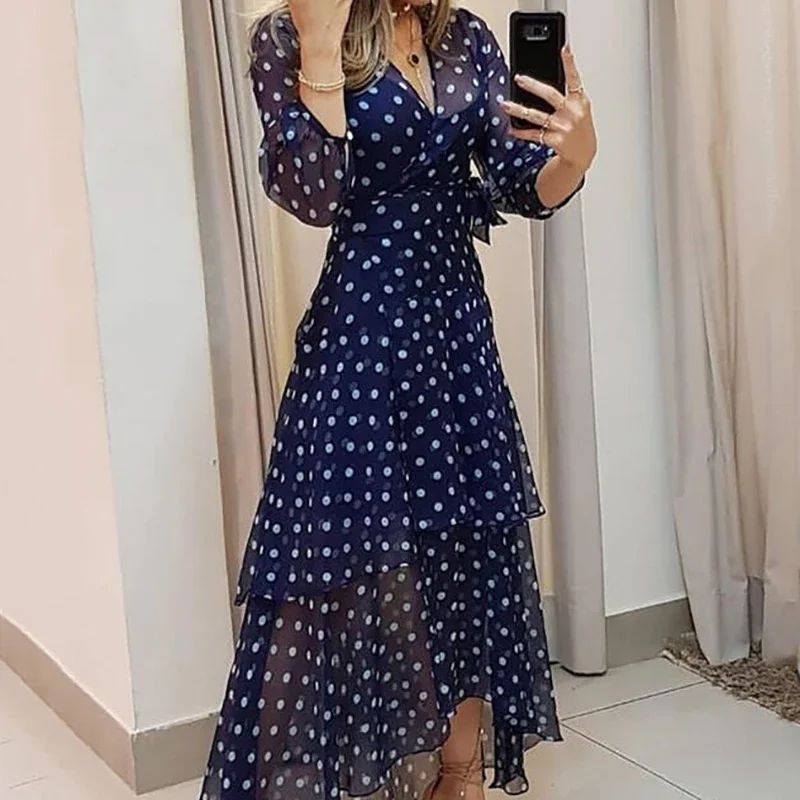 Elegant Party Dress Fashion Dot Printing Dark Blue Pleated Irregular Evening Dresses Casual V-Neck Higt Waist Dress Vestidos