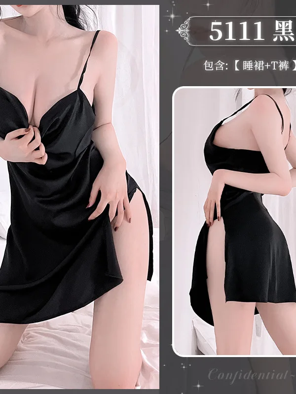 Hollow Sexy Female Back Silk Slippery Mature Charm Elegant Gentle Solid Hollow Out New Sling Underwear Tempting Home Dress T34E