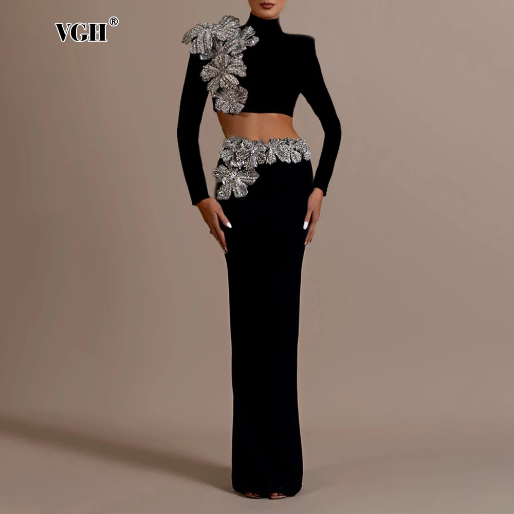 VGH Spliced Appliques Two Piece Sets For Women Turtleneck Long Sleeve Tunic Tops High Waist Back Slit Skirt Elegant Set Female