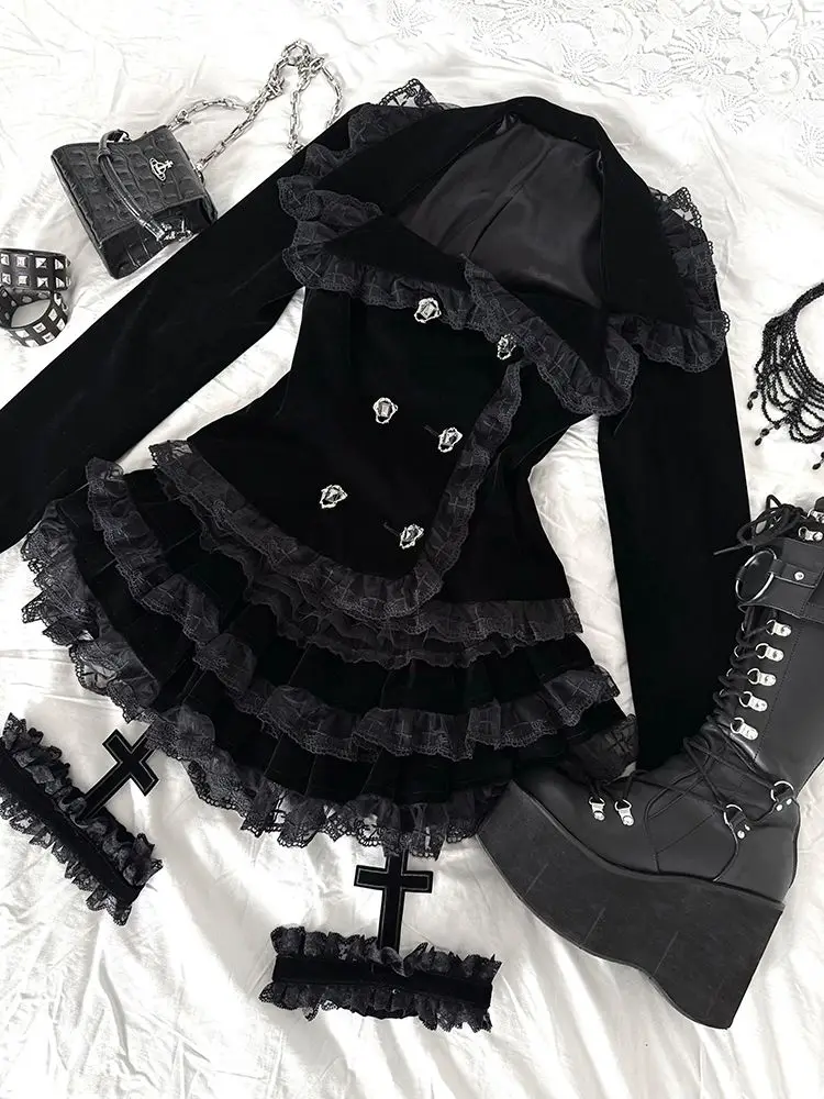 Gothic Palace Style Lace Black 2-piece Set Women High Street Darkly Slim Patchwork Cross Cake Skirt Suit Y2k Hot Girl Outfits