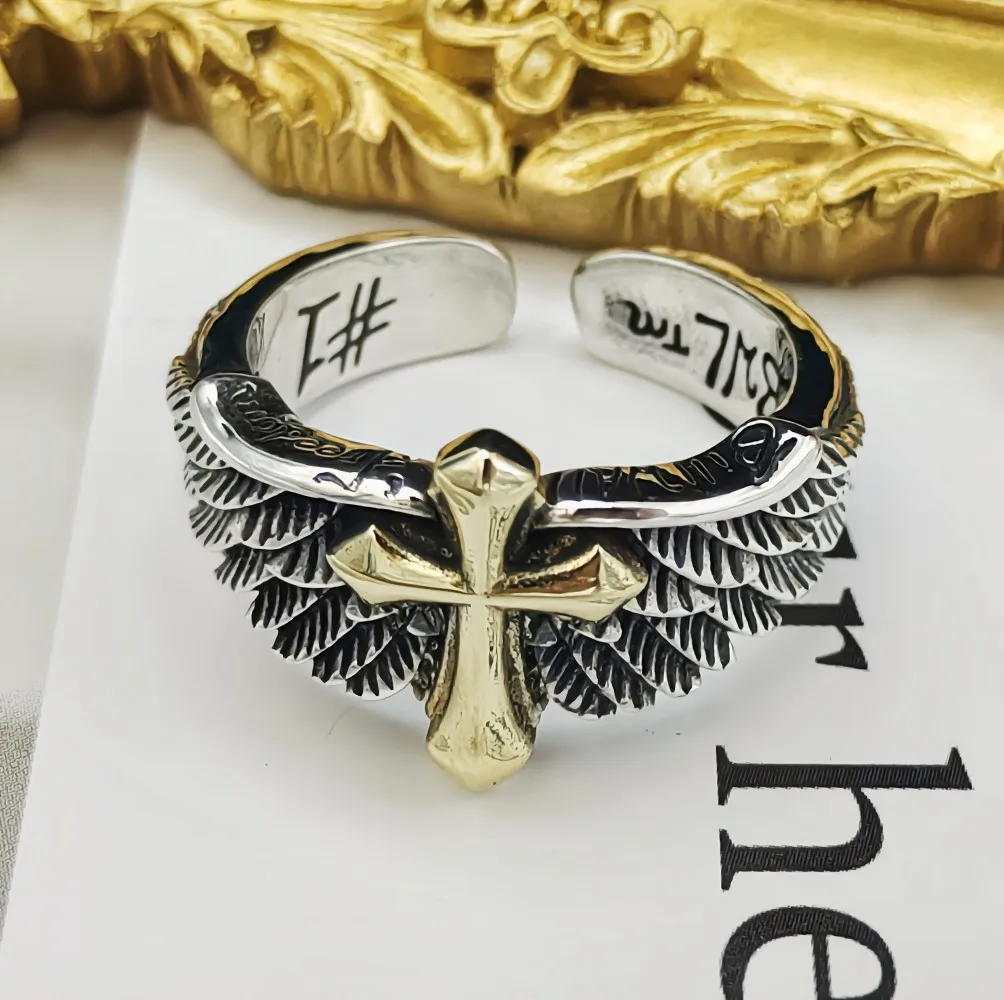 

Personalized distressed Thai silver angel wings fashion brand graffiti s925 vintage cross ring for men