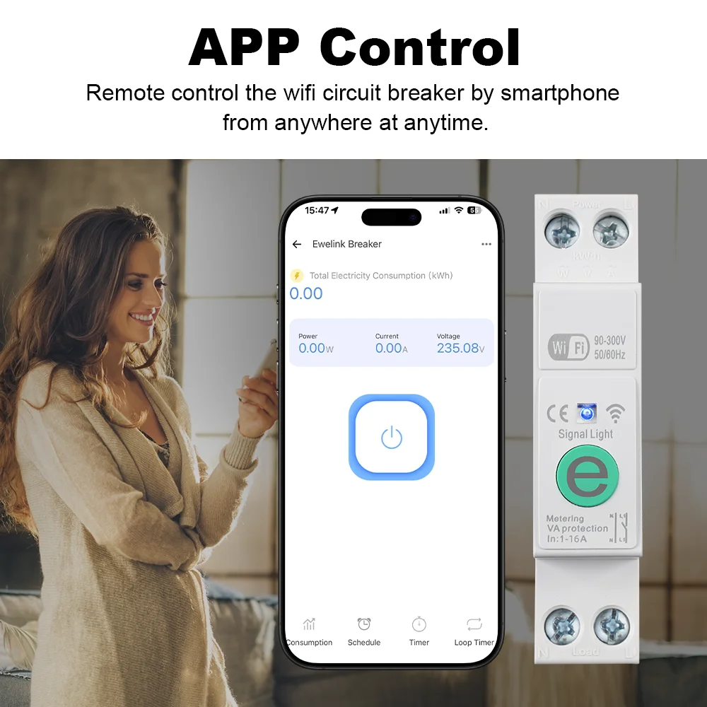 MANHOT Ewelink WiFi Smart Circuit Breaker 16A with Energy Monitoring APP/Voice Control Timer Works with Alexa Google Home Timer