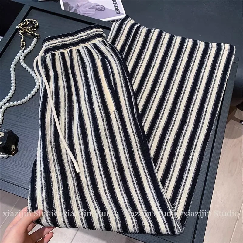 Autumn NewTexture Black Striped Pants Women Hanging Knitted Floor Pant Casual Long Wide Leg Trouser Lazy Style Clothes