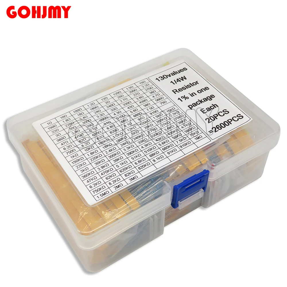 2600PCS/LOT 130 Values 0.25W 1/4W 1% Metal Film Resistors Assorted Pack Kit Set Lot Resistors Assortment Kits 