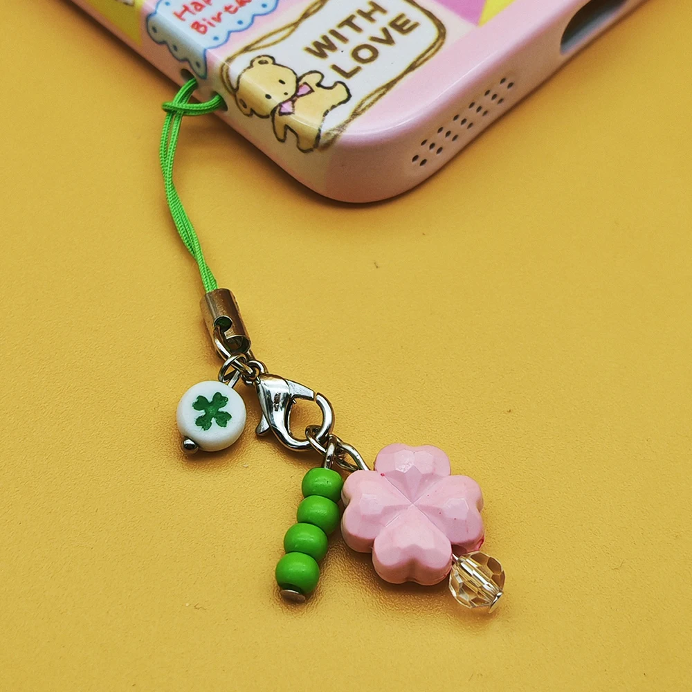 Four-Leaf Good Luck Clover Phone Chain Charm Strap Keycord Keychain Lanyard Bag Camera Pendant For Girl Gift